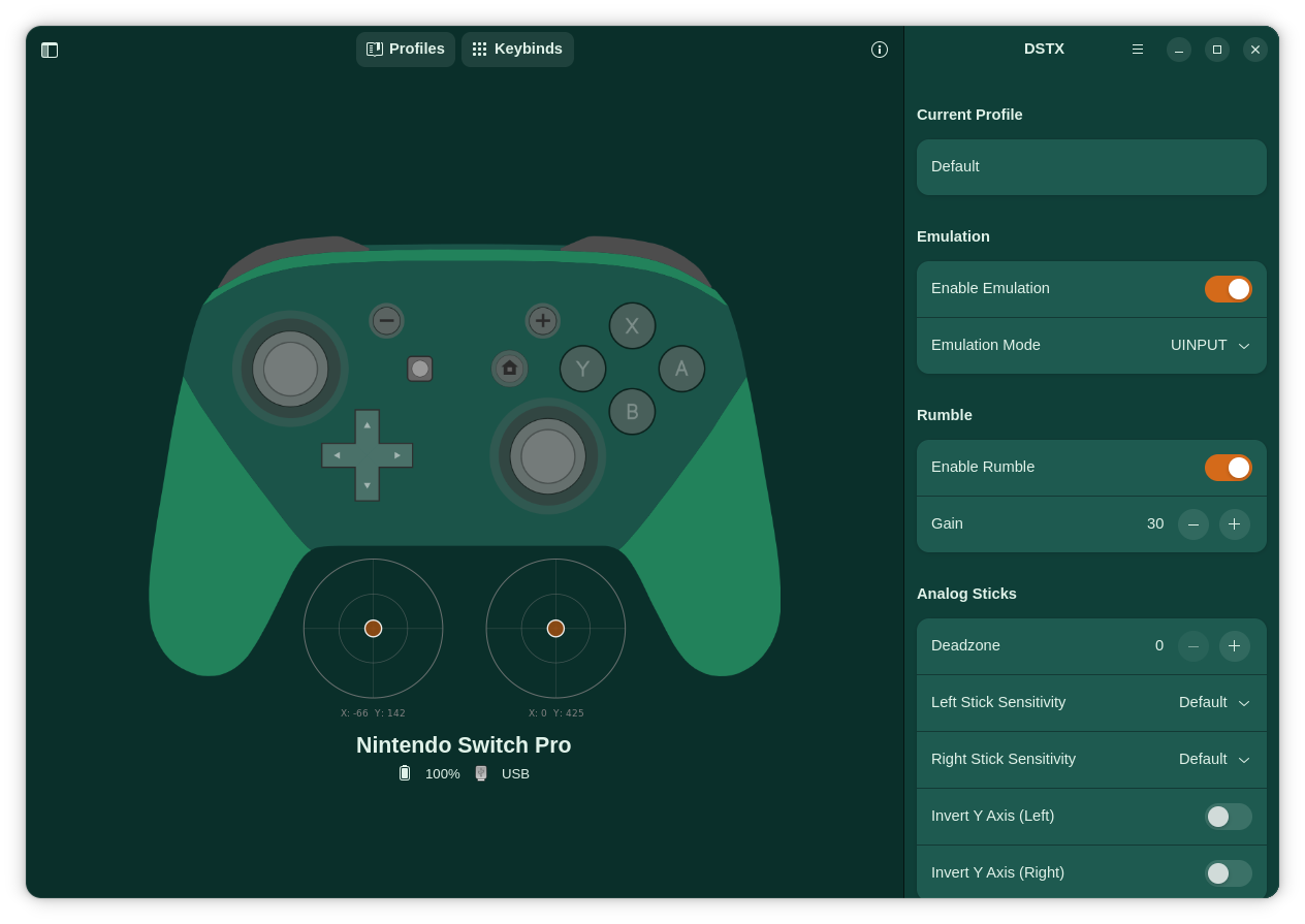 DSTX main window showing a connected Nintendo Switch Pro controller