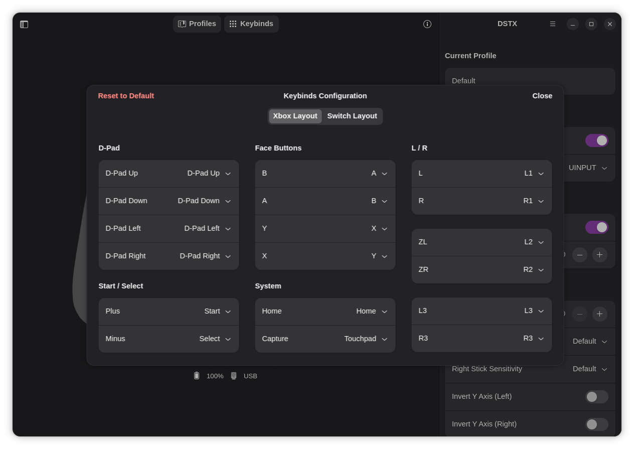 Button remapping interface – swap AB/XY, custom layouts